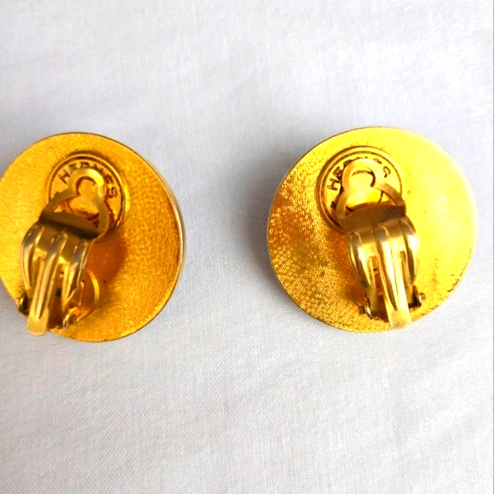 HERMES Leather Gold Tone Clip-on Earrings Excellent - Picture 5 of 9